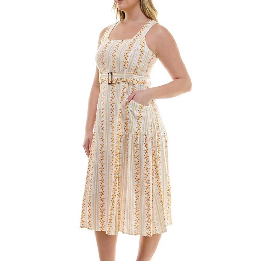 Maison Tara New Floral Striped Linen Blend Sleeveless Cottagecore Dress Size 14